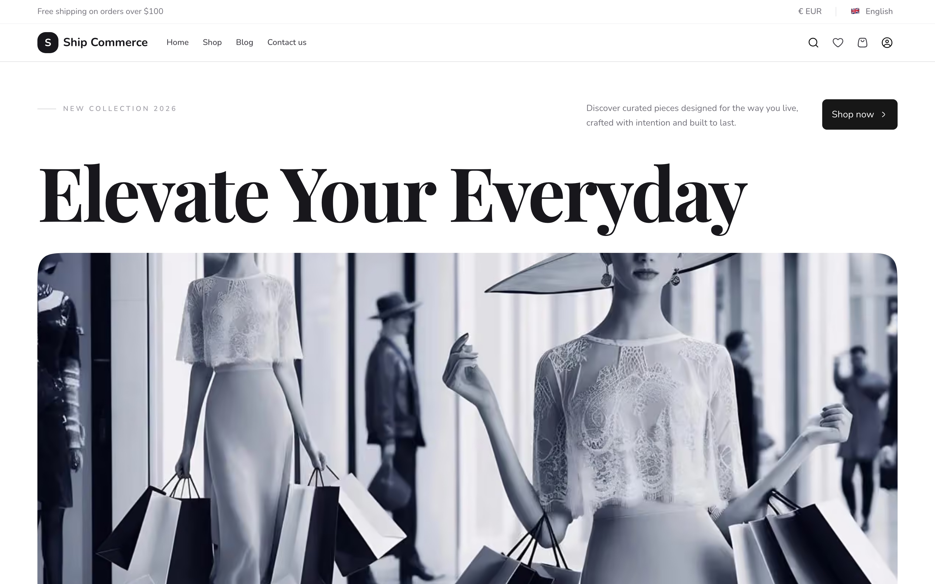 ShipCommerce storefront on the live demo: hero banner, navigation, and featured collections